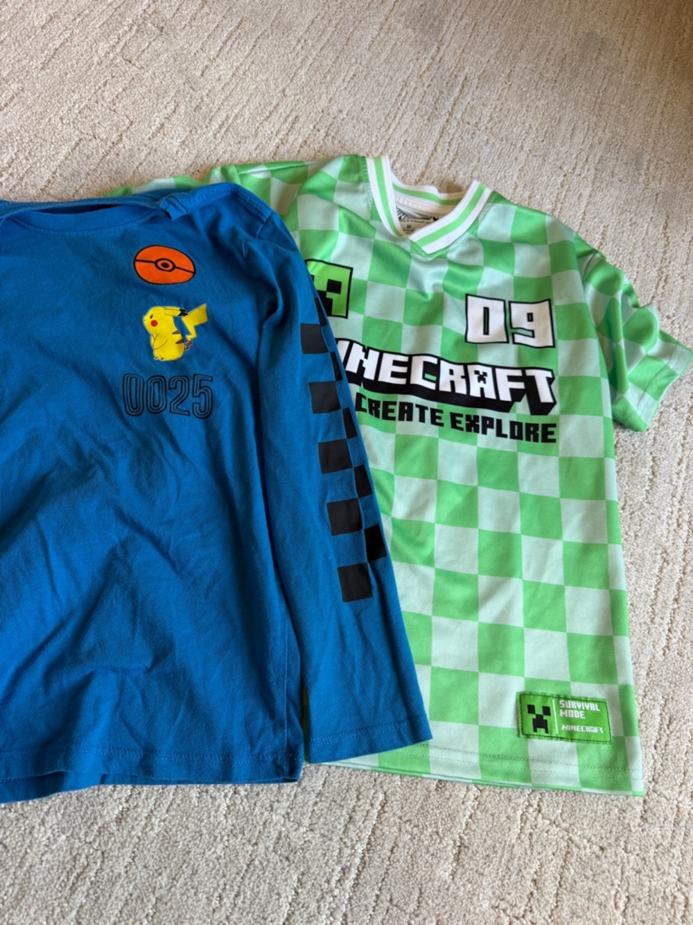Graphic Shirt Bundle- Pokemon blue long sleeve and Minecraft jersey.